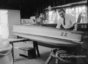 Barking Park Boat House Appeal to Ministry, showing man working on boat in boatbuilding shed, 1968