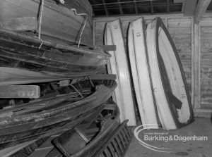 Barking Park Boat House Appeal to Ministry, showing overcrowded boatbuilding shed, with some boats on end, 1968