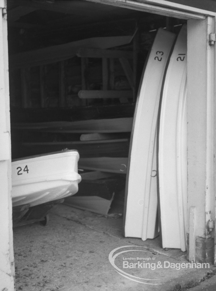 Barking Park Boat House Appeal to Ministry, showing overcrowded boatbuilding shed, with some boats on end, 1968