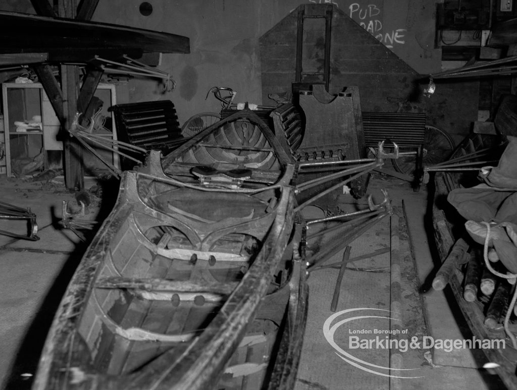 Barking Park Boat House Appeal to Ministry, showing white-hulled rowing boat in overcrowded boatbuilding shed, 1968