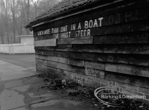 Barking Park Boat House Appeal to Ministry, showing  exterior view of patched-up north-east corner of boatbuilding shed, 1968