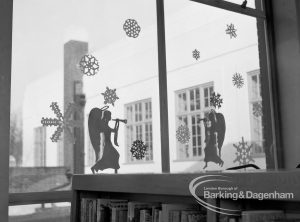 Rectory Library, Dagenham, junior section with Christmas window decorations, 1968