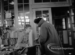 Rectory Library, Dagenham, showing Miss M J Clark and customer at adult counter, 1968