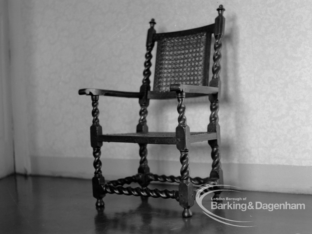 Valence House Museum, Becontree Avenue, Dagenham, showing English turned walnut armchair, circa. 1665, on loan from Victoria and Albert Museum and displayed in Period Room, 1968