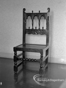 Valence House Museum, Becontree Avenue, Dagenham, showing seventeenth century English oak chair, on loan from Victoria and Albert Museum and displayed in Period Room, 1968