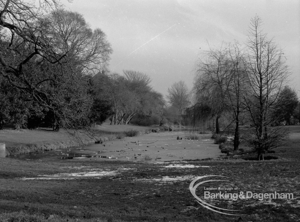 Valence House Museum, Becontree Avenue, Dagenham, showing moat frozen over and looking east, 1968 – 1969