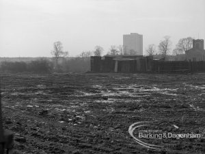 Dagenham Village redevelopment, showing area largely razed to ground and looking from east, 1968 – 1969