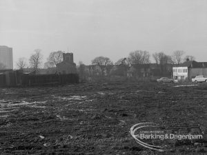 Dagenham Village redevelopment, showing area largely razed to ground and with St Peter and St Paul’s Parish Church in background, 1968 – 1969