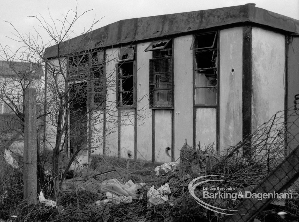 Rookery Farm Tenants Association Hall, Ballards Road, Dagenham, showing north end of  temporary community centre building, and surroundings in dilapidated state, 1969