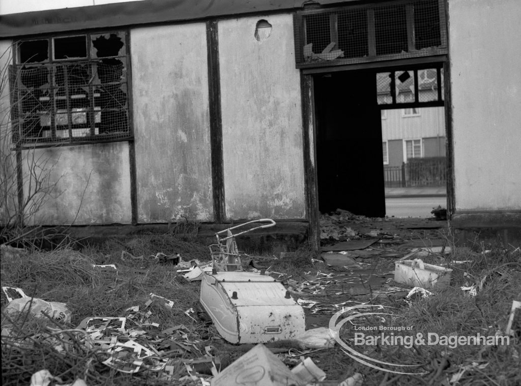 Rookery Farm Tenants Association Hall, Ballards Road, Dagenham, showing north end of  temporary community centre building, and surroundings in dilapidated state, 1969