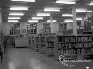 Rectory Library, Dagenham, showing the junior bookcases in adult library, looking east, 1969
