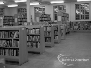 Rectory Library, Dagenham, showing the junior bookcases in adult library, looking east, 1969