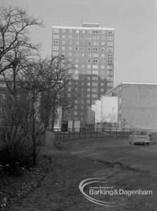 Becontree Heath housing development, showing east face of Laburnum House and taken from roundabout, 1969