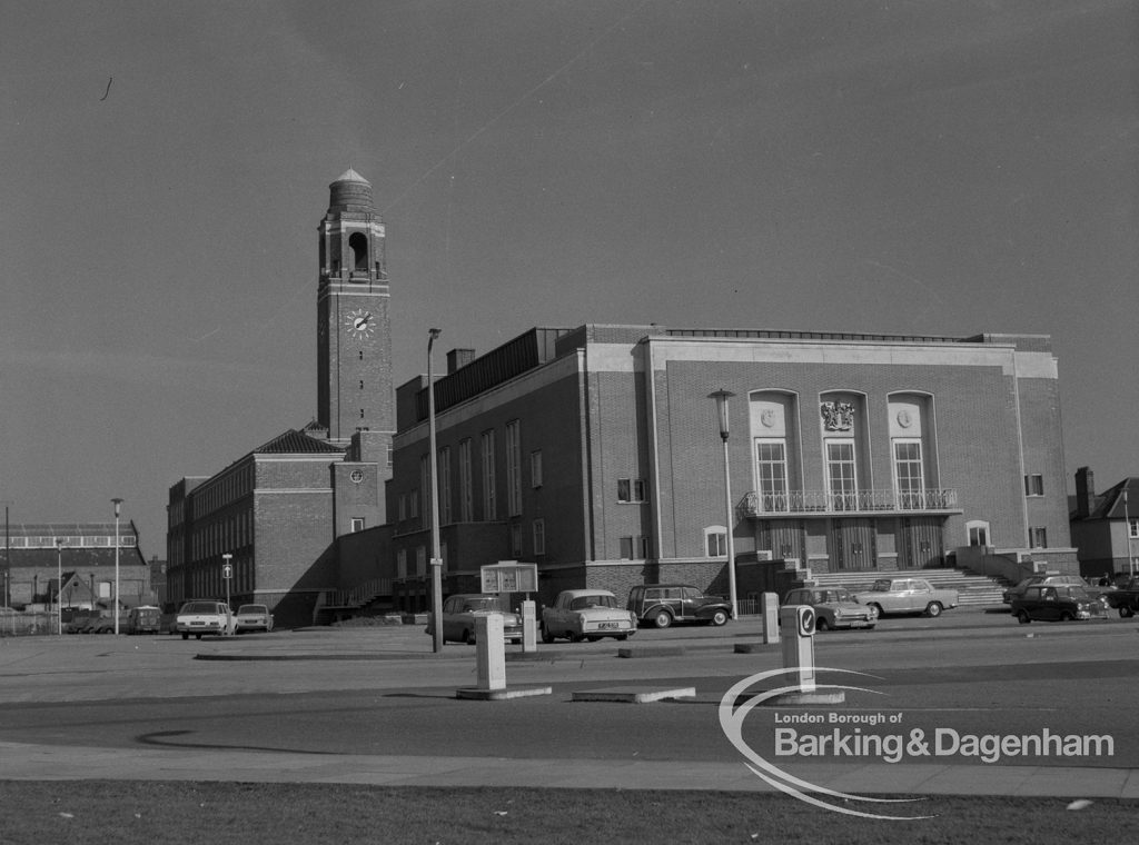 Barking Assembly Hall from south-west, with Town Hall clocktower in background, 1969
