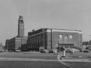 Barking Assembly Hall from south-west, with Town Hall clocktower in background, 1969