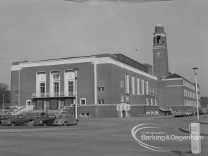 Barking Assembly Hall from south-east, with Town Hall clocktower in background, 1969