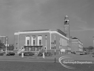 Barking Assembly Hall taken from green on south-east, with Town Hall clocktower in background, 1969