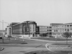 Civic Centre, Dagenham, with portico on main building and extension on right, 1969