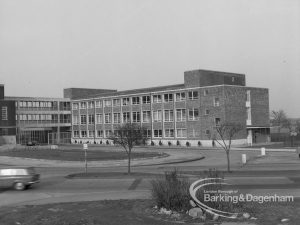 Civic Centre, Dagenham, with bridge and extension only, and shrubs in foreground, 1969
