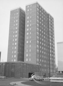 Becontree Heath housing development, showing two tower blocks on north side, 1969