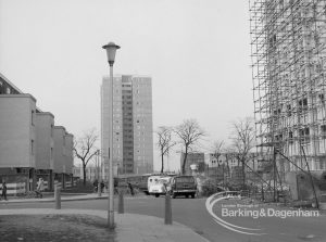 Becontree Heath housing development, showing three types of housing [possibly in Stour Road] looking north from tower block, 1969