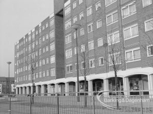 Becontree Heath housing development, showing flats above parade of shops east of Merry Fiddlers Public House [possibly in Althorne Way, Dagenham], 1969