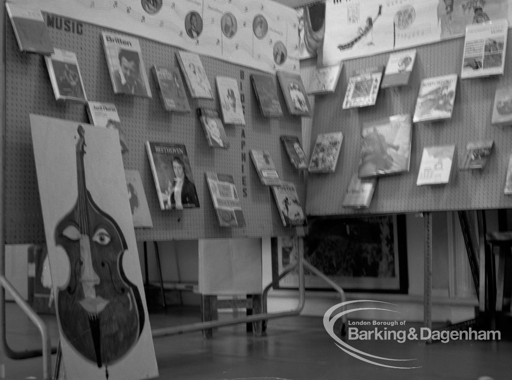 Barking Libraries Children’s Book Week at Valence House, Dagenham, showing exhibition of children’s books with cutout of cello and music display, 1969