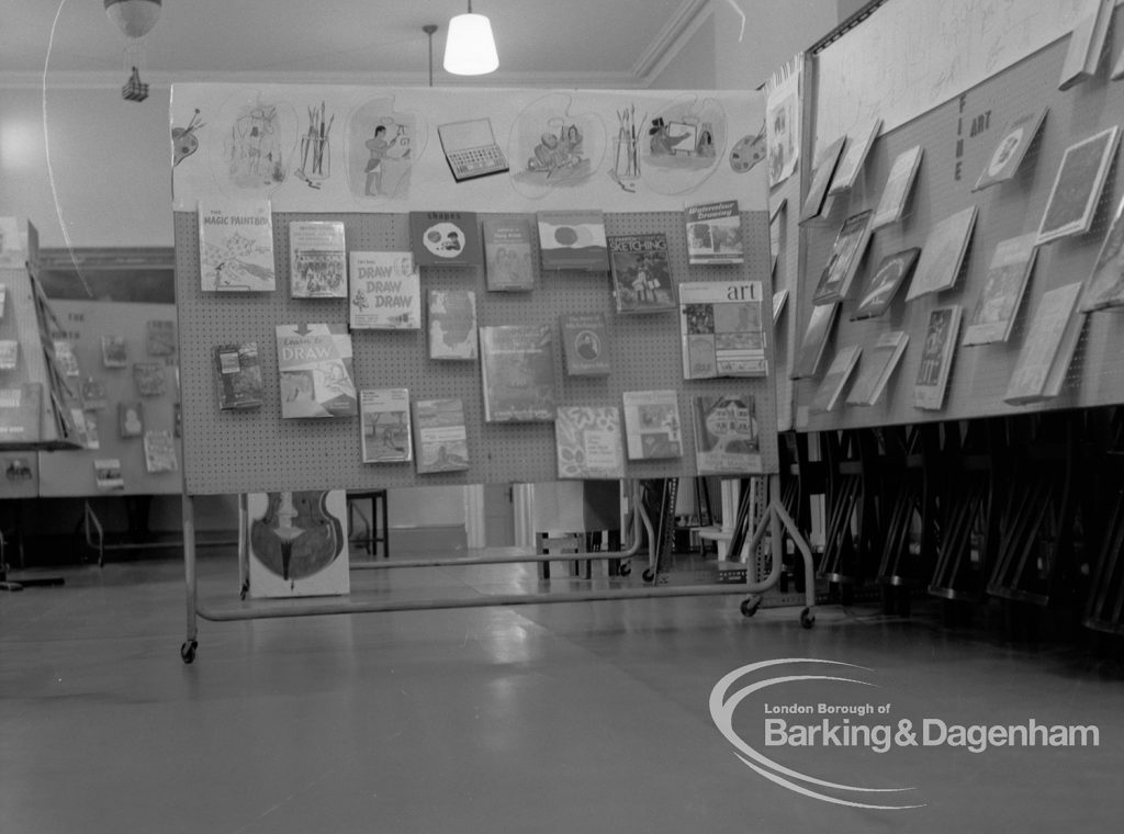 Barking Libraries Children’s Book Week at Valence House, Dagenham, showing north-east corner of exhibition of children’s books with art display, 1969