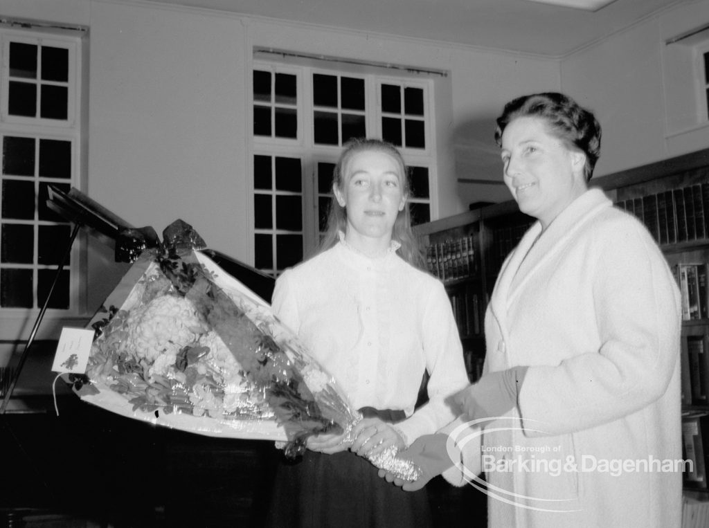 Rectory Library Music Circle twenty-first anniversary, showing Mayoress Elect Mrs Rusha presenting bouquet to Miss Mary Freeman, 1969