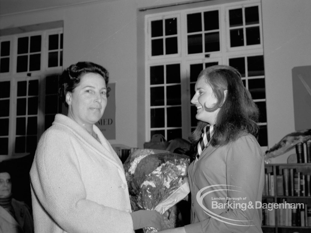 Rectory Library Music Circle twenty-first anniversary, showing Susan Smart presenting bouquet to Mayoress Elect Mrs Rusha, 1969