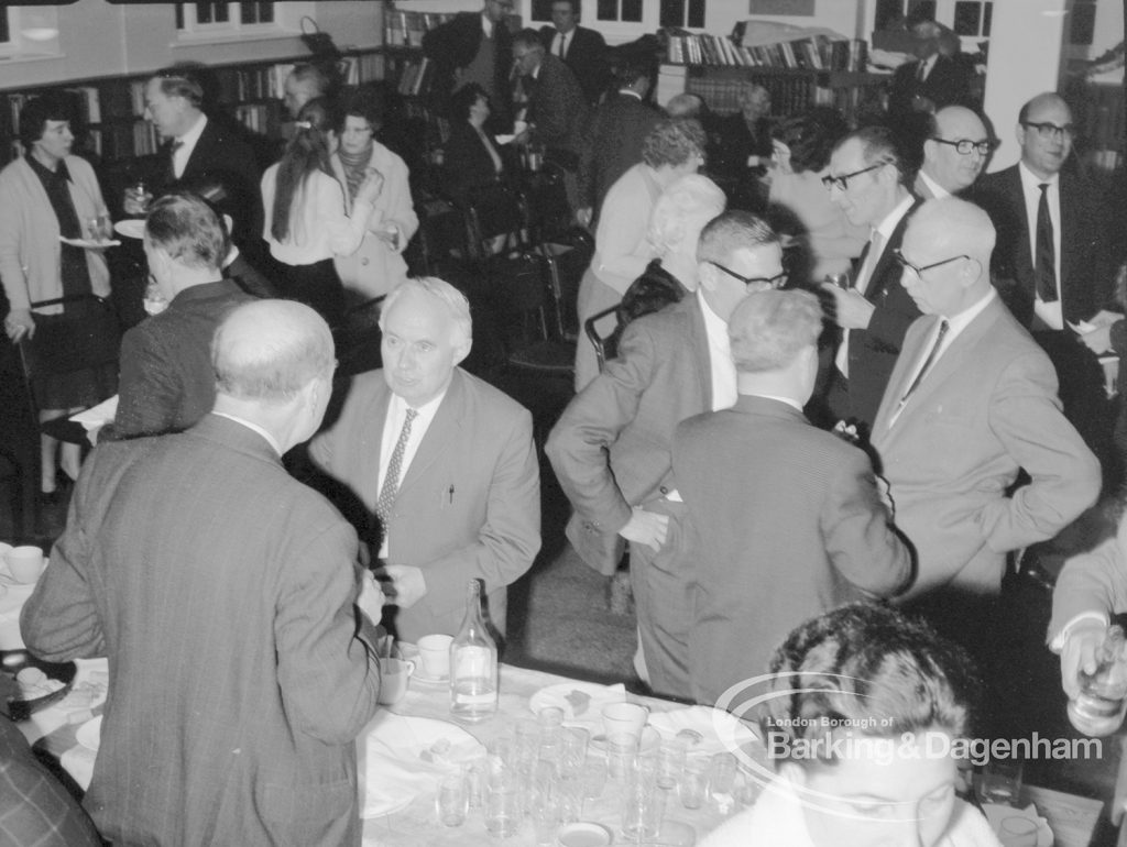 Rectory Library Music Circle twenty-first anniversary, showing Mr Smart talking to Mr Fairchild, and Mr Cannon and Mr Andrews (at right), 1969