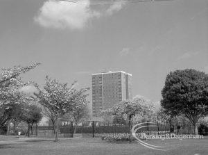 Old Dagenham Park, Dagenham, showing Thaxted House, Siviter Way beyond flowering cherry trees, 1969