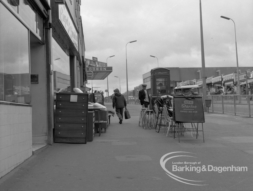 London Borough of Barking Shops Act Inspector, showing furniture obstructing pavement at 274 Heathway, Dagenham, looking south, 1969