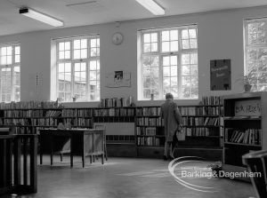 London Borough of Barking Rectory Library, Dagenham, showing view in adult section looking west from counter, 1969
