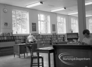 London Borough of Barking Rectory Library, Dagenham, showing view in adult section looking south to bookshelves and enquiry desk, 1969