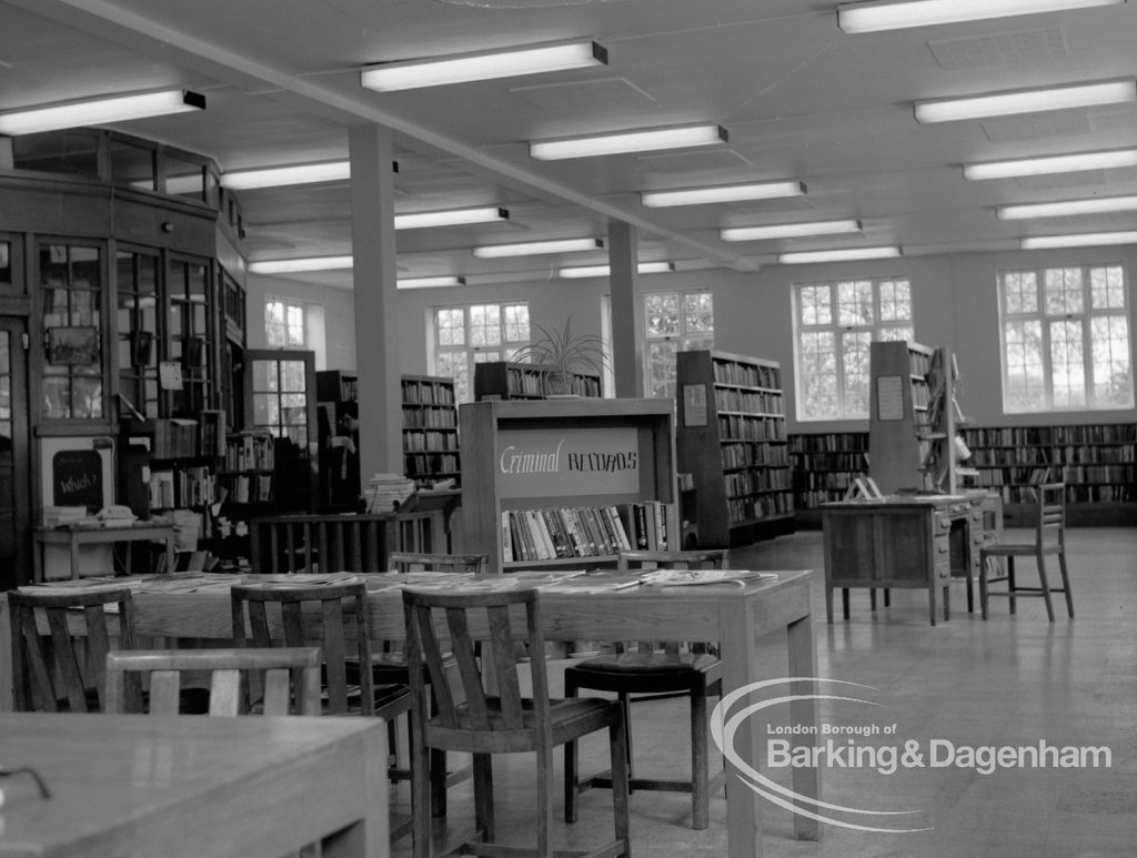 London Borough of Barking Rectory Library, Dagenham, showing view in adult section looking north-east to lending bookshelves, 1969