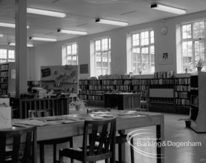 London Borough of Barking Rectory Library, Dagenham, showing view in adult section looking east with counter on left, 1969