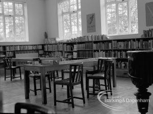 London Borough of Barking Rectory Library, Dagenham, showing view in adult section looking west from beyond counter, with corner of grand piano at right, 1969