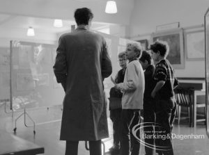 London Borough of Barking exhibition of historical Second World War newspapers and visitors at Valence House Museum, Dagenham, 1969