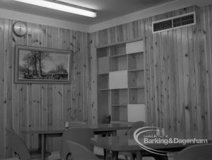 London Borough of Barking Borough Engineer, Heating and Ventilation, showing corner of lounge with ventilation grilles at Riverside Old People’s Home for Senior Citizens, Thames View, 1969