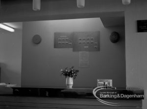 London Borough of Barking Borough Engineer, Heating and Ventilation, showing control panel above reception desk in vestibule at Riverside Old People’s Home for Senior Citizens, Thames View, 1969