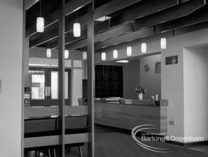 London Borough of Barking Borough Heating Engineer, showing reception area with ventilation grille and lighting at Riverside Old People’s Home for Senior Citizens, Thames View, 1969