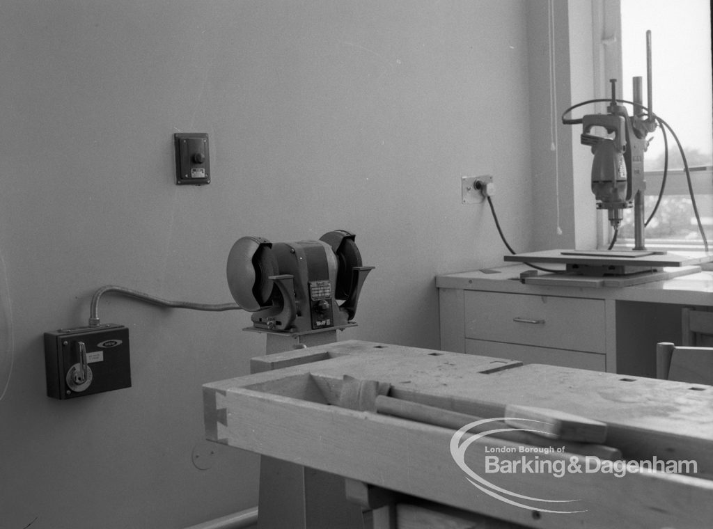 London Borough of Barking Borough Heating Engineer, showing workshop safety devices on wall at Leys Avenue Occupational Centre for the Physically Handicapped, Dagenham, 1969