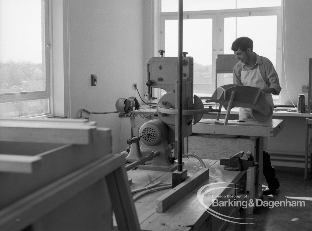 London Borough of Barking Borough Heating Engineer, showing male operator making wheelbarrow at Leys Avenue Occupational Centre for the Physically Handicapped, Dagenham, 1969