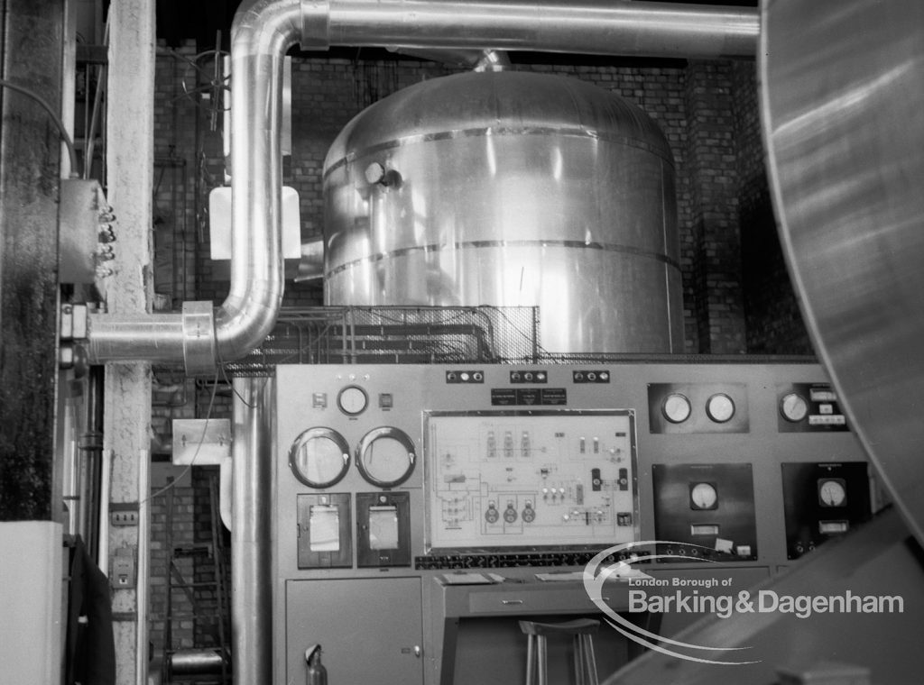 London Borough of Barking Borough Heating Engineer, showing control panel and dome above in boiler house at Salvage Plant, 1969