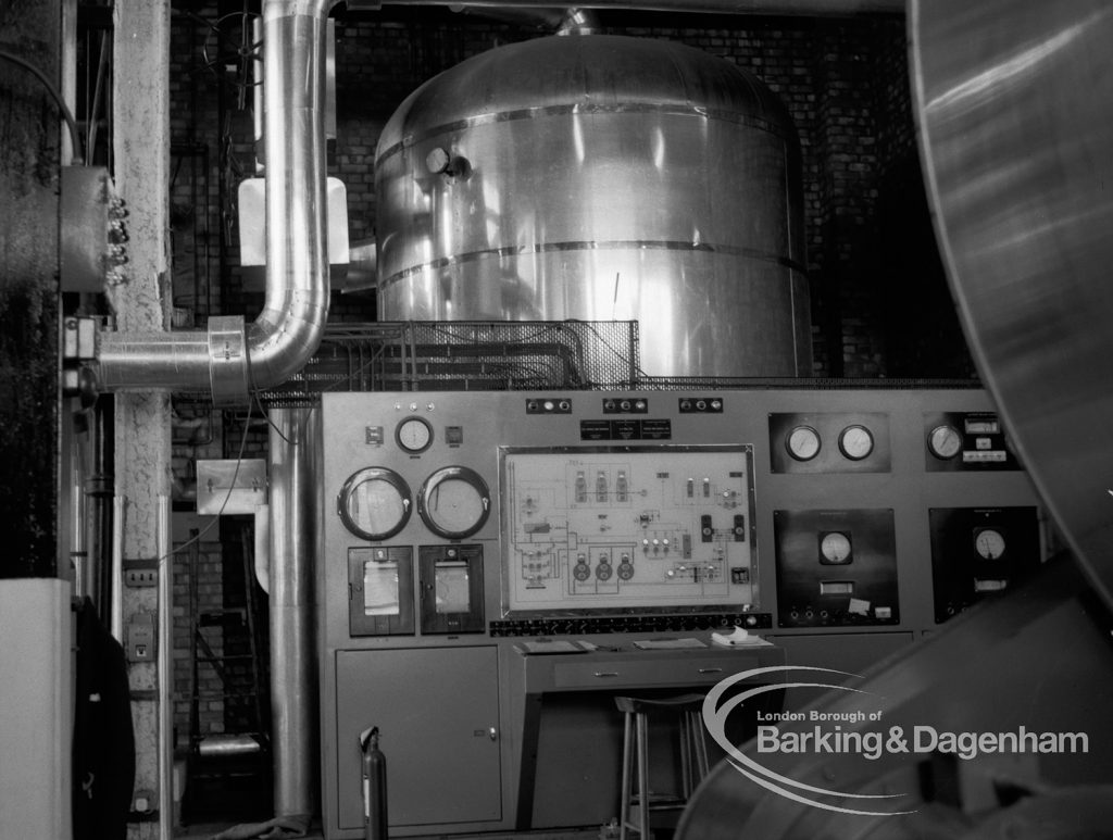 London Borough of Barking Borough Heating Engineer, showing control panel and dome above in boiler house at Salvage Plant, 1969