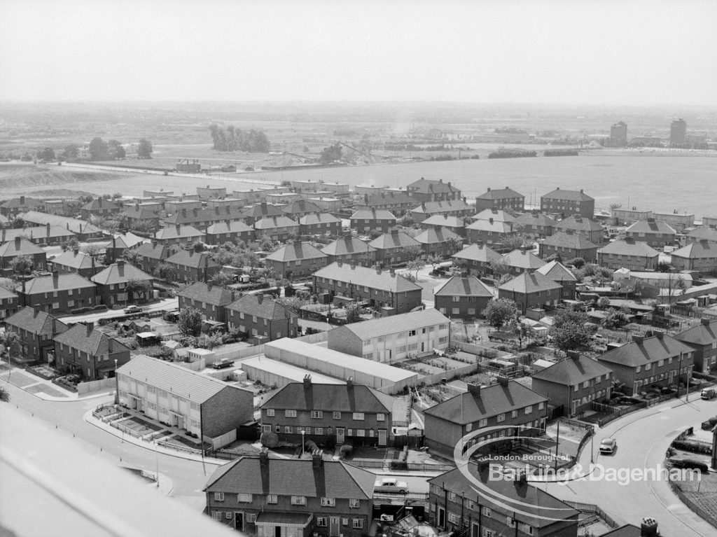Panoramic view from Parkside House, Bell Farm Avenue, Dagenham, showing housing at junction of Dagenham Road and Hardie Road, 1969