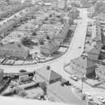 Panoramic view from Parkside House, Bell Farm Avenue, Dagenham, showing housing at the Hardie Road circus and banjo, 1969