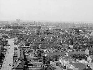 Panoramic view from Parkside House, Bell Farm Avenue, Dagenham, showing housing in Central Park Avenue (across centre), with Ford Motor Company beyond, 1969