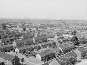 Panoramic view from Parkside House, Bell Farm Avenue, Dagenham, showing housing across Rainham Road North to Frizlands Lane, 1969